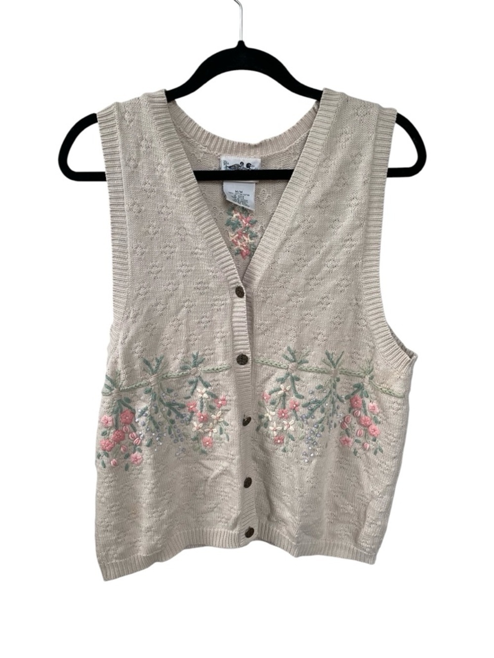 Northern Reflections Cotton Tan Knit Button Vest Floral Embroidery M